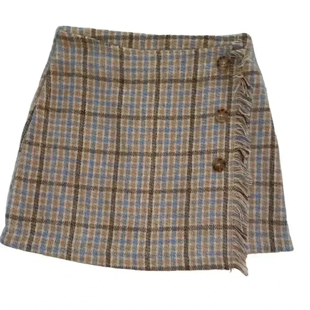 GB Girl's Tan/Blue Poly Plaid Wrap Mini Skirt